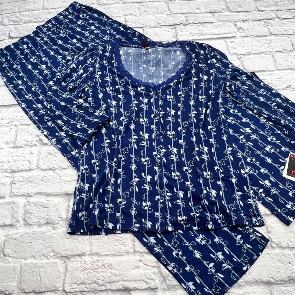 Maidenform Womens Navy Blue Floral 2pc Pajama Set NWT Size S Cozy Comfort Soft